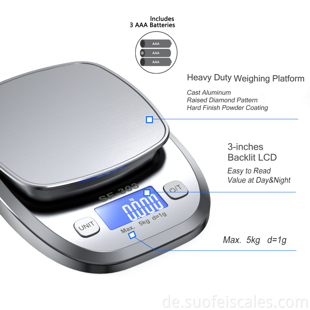 SF-303 Edelstahl 5000G Max D1G hohe Genauigkeit Digitale Küche Waage Skala